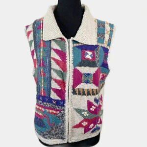 Sigrid Sport Olsen Vintage Hand  Knit Multicolor Abstract Pattern Full Zip Vest